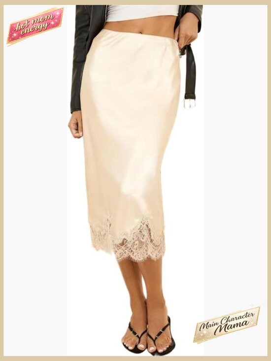 Dresses & Skirts - Lace Trim Satin Midi Skirt Elegant A Line Flowy Y2K Silky Half Slip Underskirt